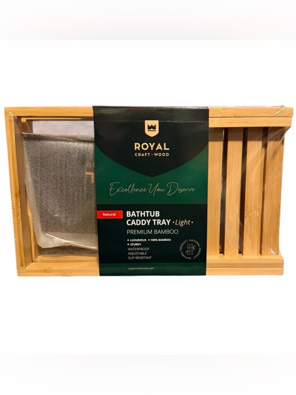 Royal Craft Wood Bamboo Bathtub Caddy Tray Lite Natural Premium NIB Adjustable